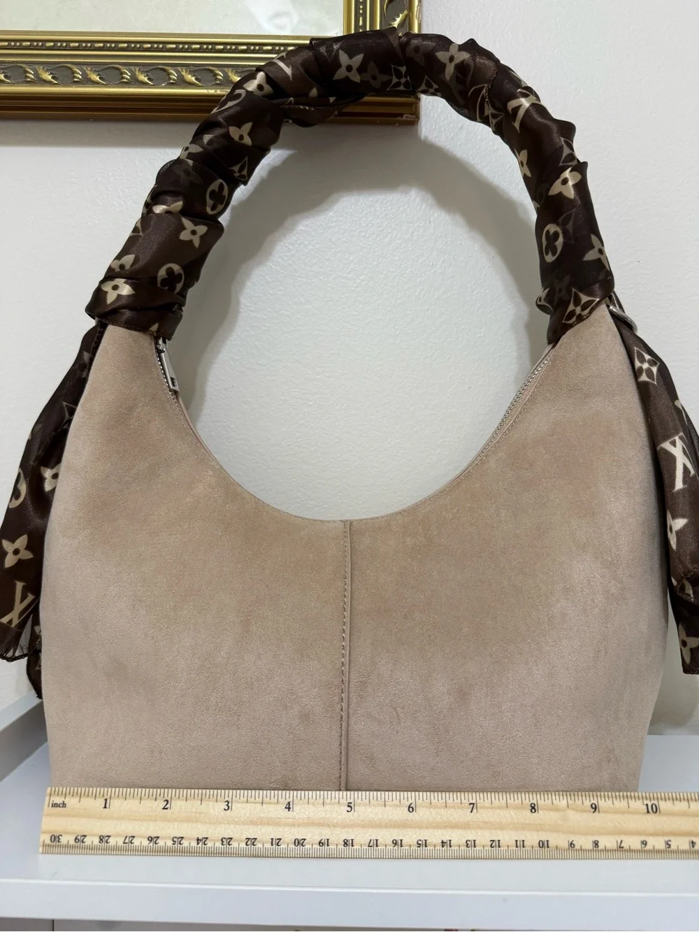 Suede Crescent Shoulder Bag in Beige